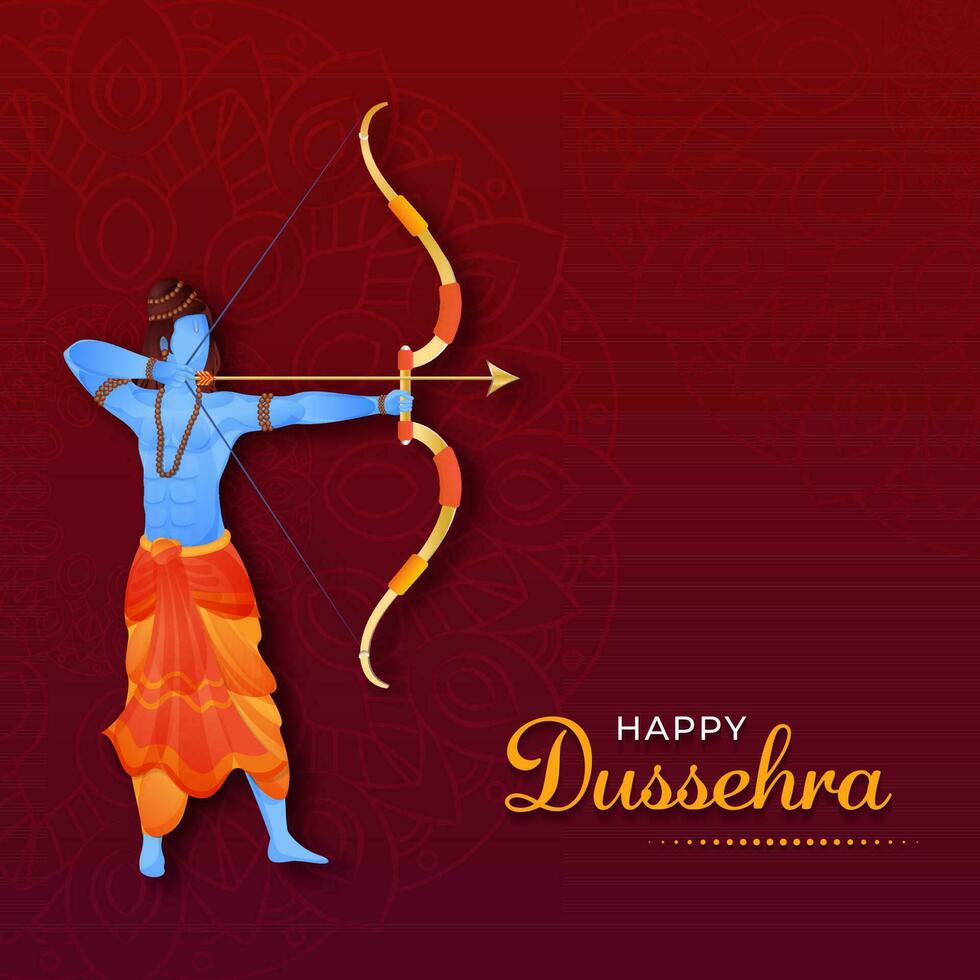 gelukkig dussehra viering concept met Hindoe mythologie heer rama nemen een doel Aan rood mandala patroon achtergrond. vector