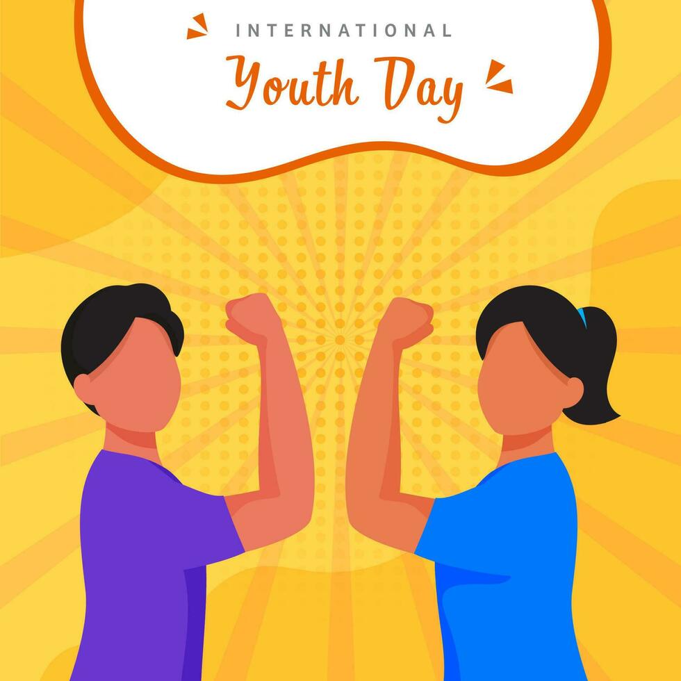 Internationale jeugd dag concept met gezichtsloos jong jongen en meisje tonen sterk armen Aan geel stralen halftone achtergrondkleur. vector