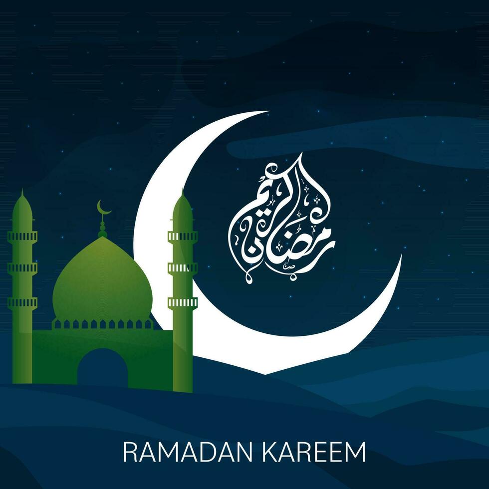 wit Arabisch schoonschrift van Ramadan kareem met halve maan maan, moskee Aan blauw licht effect achtergrond. vector