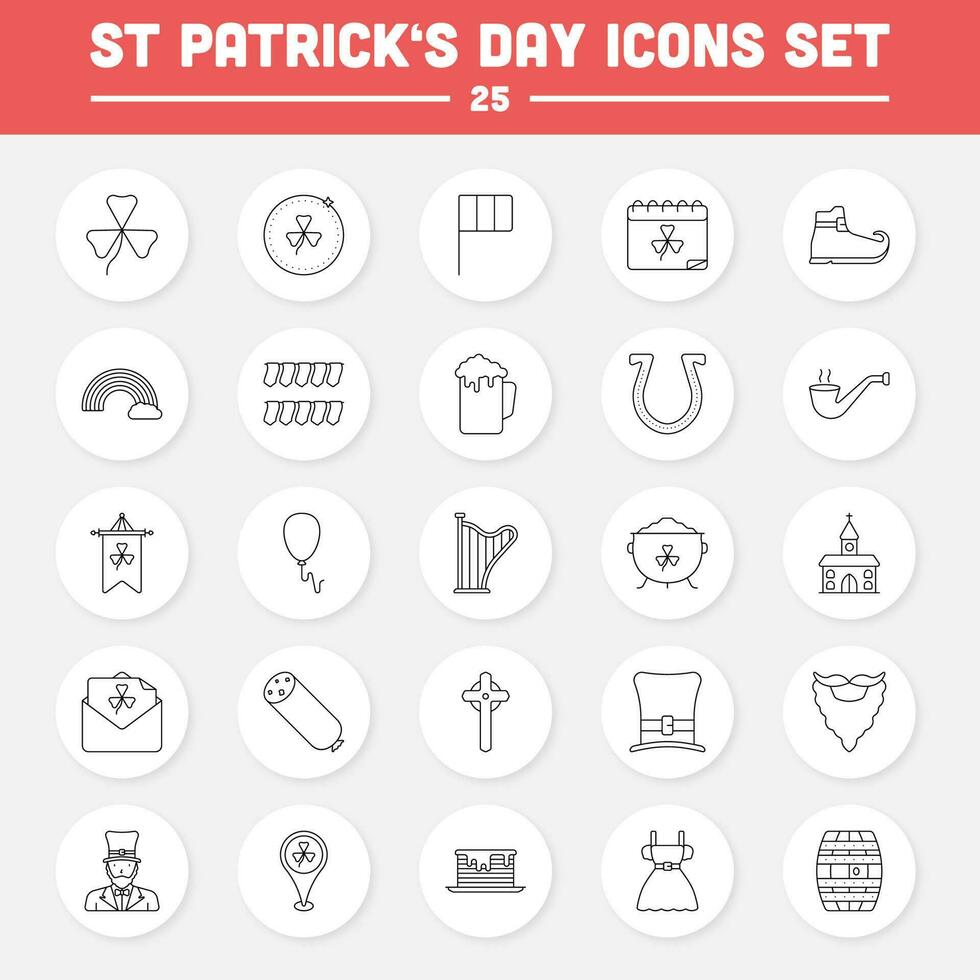 st Patrick dag zwart dun lijn kunst icoon set. vector