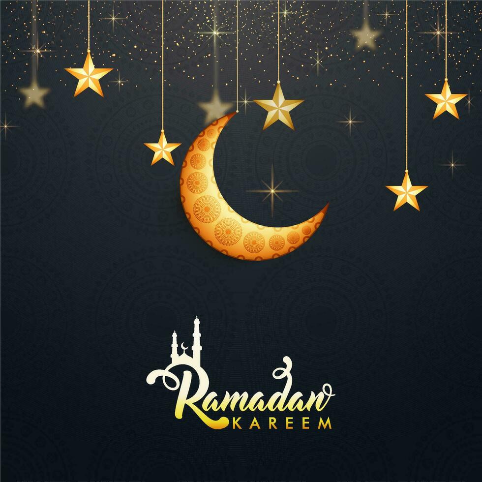 Ramadan kareem viering concept met gouden halve maan maan, sterren hangen Aan grijs licht effect achtergrond. vector