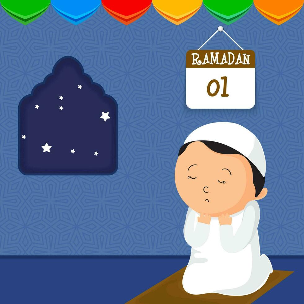 schattig Islamitisch jongen aanbieden namaz gebed Bij mat met kalender tonen Ramadan Aan blauw Islamitisch patroon achtergrond. vector