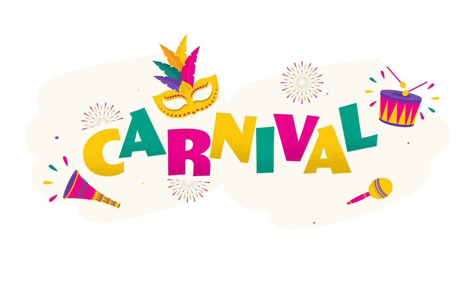 kleurrijk carnaval doopvont met veer masker, trommel, maracas, vuvuzela en vuurwerk Aan wit achtergrond. vector