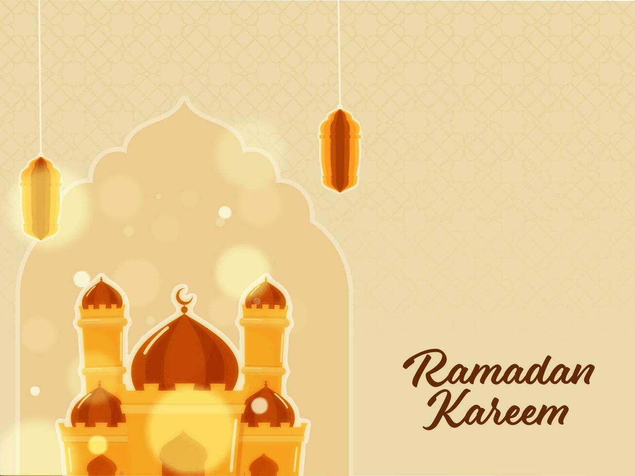 Ramadan kareem concept met papier lantaarns hangen en moskee illustratie Aan pastel bruin bokeh Islamitisch patroon achtergrond. vector