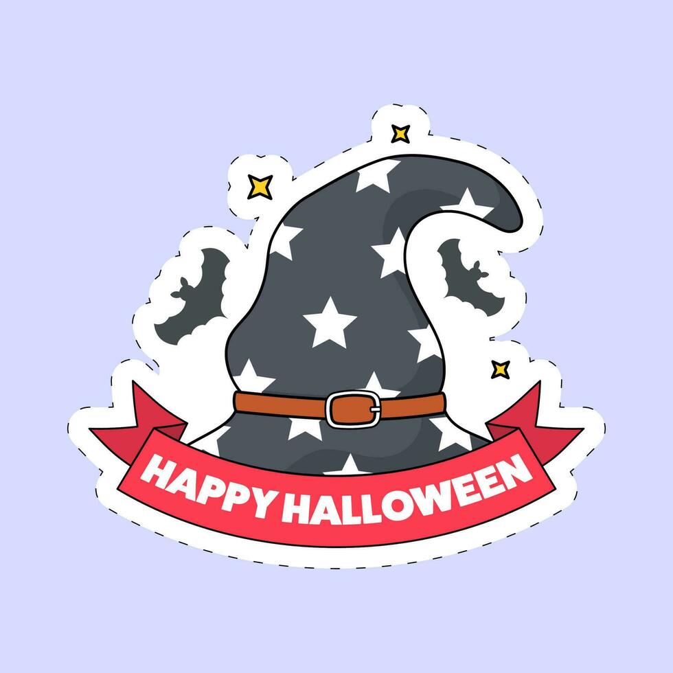 sticker stijl gelukkig halloween doopvont met heks hoed en vliegend vleermuizen Aan blauw achtergrond. vector