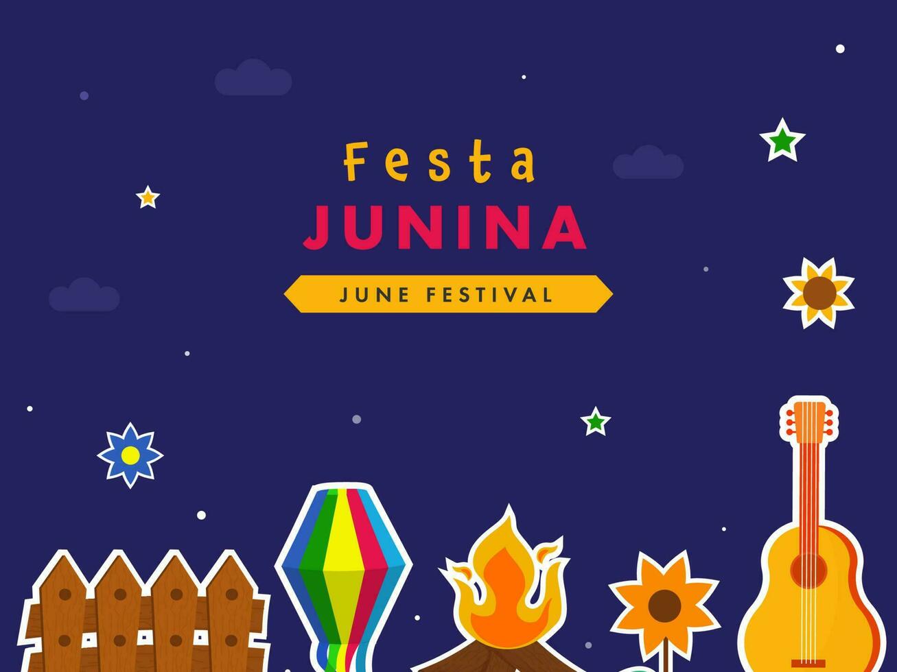 festa junina, juni festival poster ontwerp met sticker stijl schutting, papier lantaarn, vreugdevuur, bloem, gitaar, sterren versierd Aan blauw achtergrond. vector