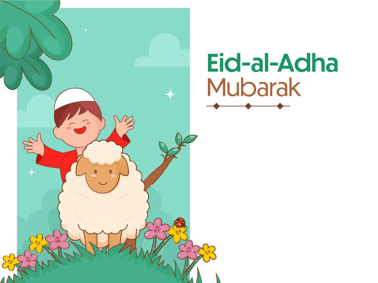 eid-al-adha mubarak groet kaart met vrolijk Islamitisch jongen, tekenfilm schaap, bloemen Aan wit en turkoois achtergrond. vector