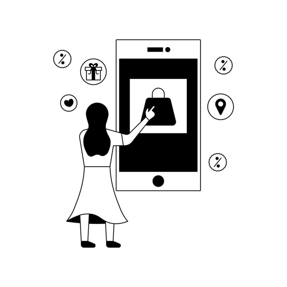 tekening stijl vrouw inkoop online handtas door smartphone Aan wit achtergrond. vector