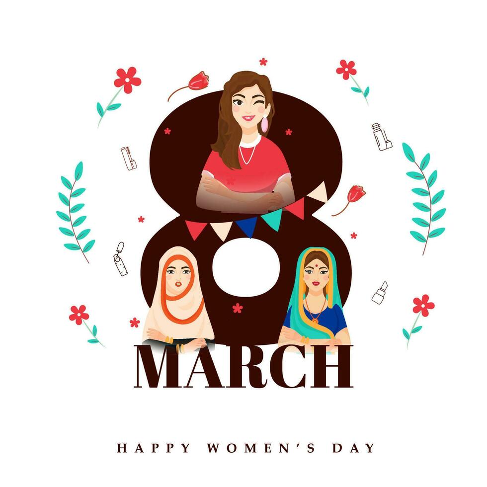 8 maart doopvont met verschillend religie Dames karakter en bloemen versierd Aan wit achtergrond voor gelukkig vrouwen dag. vector