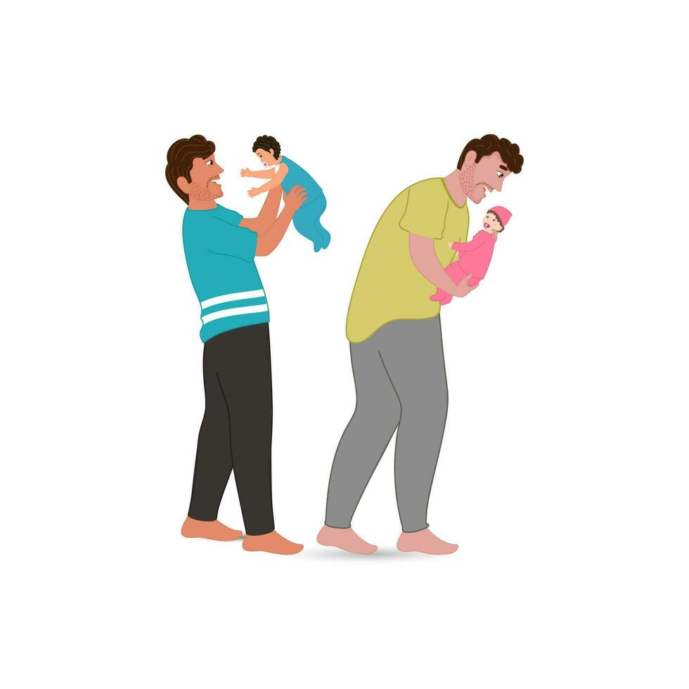 vrolijk jong Mens spelen met zijn baby in twee afbeeldingen. vector