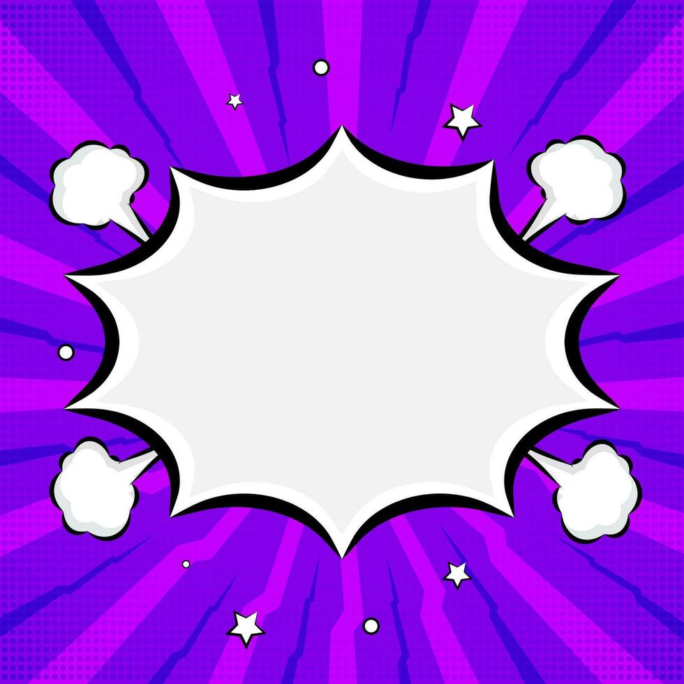 leeg starburst kader met bubbels Aan Purper stralen halftone achtergrond. vector