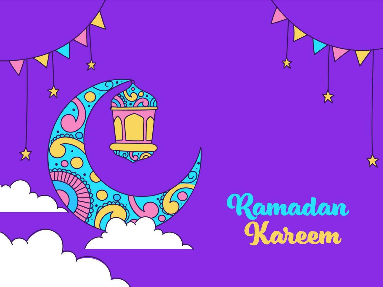 Ramadan kareem doopvont met halve maan maan, lantaarns, sterren hangen, wolken en vlaggedoek vlaggen versierd Aan paars achtergrond. vector