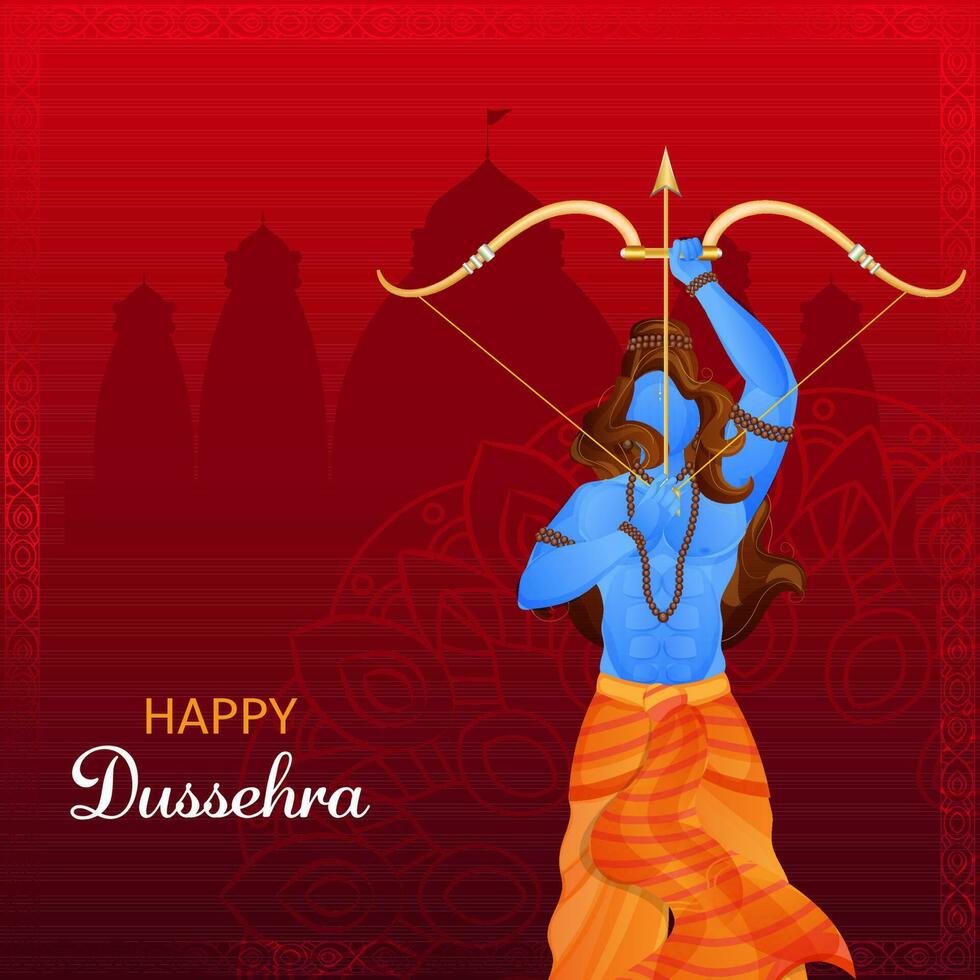 gelukkig dussehra viering concept met Hindoe mythologie heer rama nemen een doel Aan rood silhouet ayodhya visie achtergrond. vector