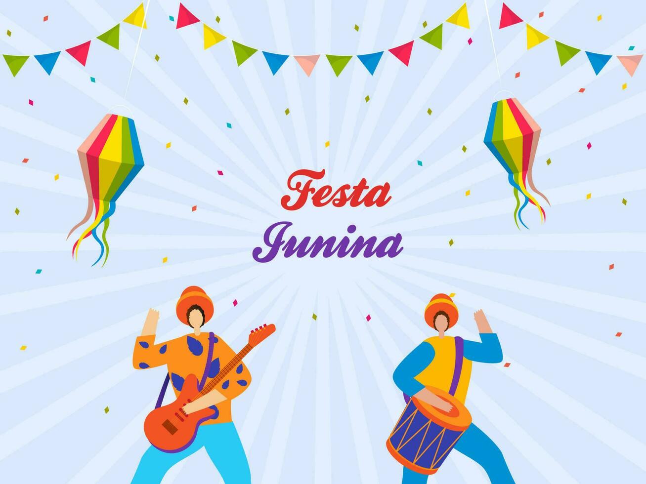 festa Junina belettering met tekenfilm braziliaans mannen spelen muziek- instrument, kleurrijk lantaarns hangen en vlaggedoek vlaggen Aan blauw stralen achtergrond. vector