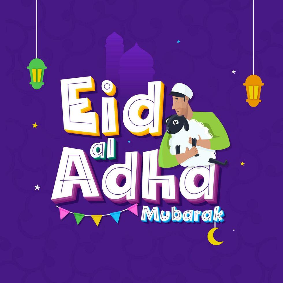 eid al adha mubarak doopvont met Islamitisch jong Mens Holding schaap, halve maan maan, lampen hangen en vlaggedoek vlaggen Aan Purper achtergrond. vector