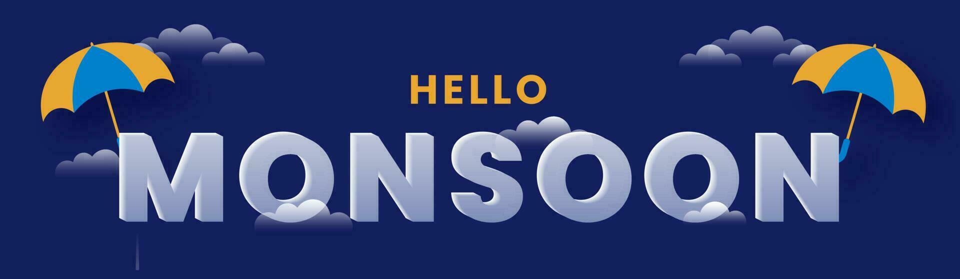 Hallo moesson belettering met twee paraplu en wolken Aan blauw achtergrond. vector