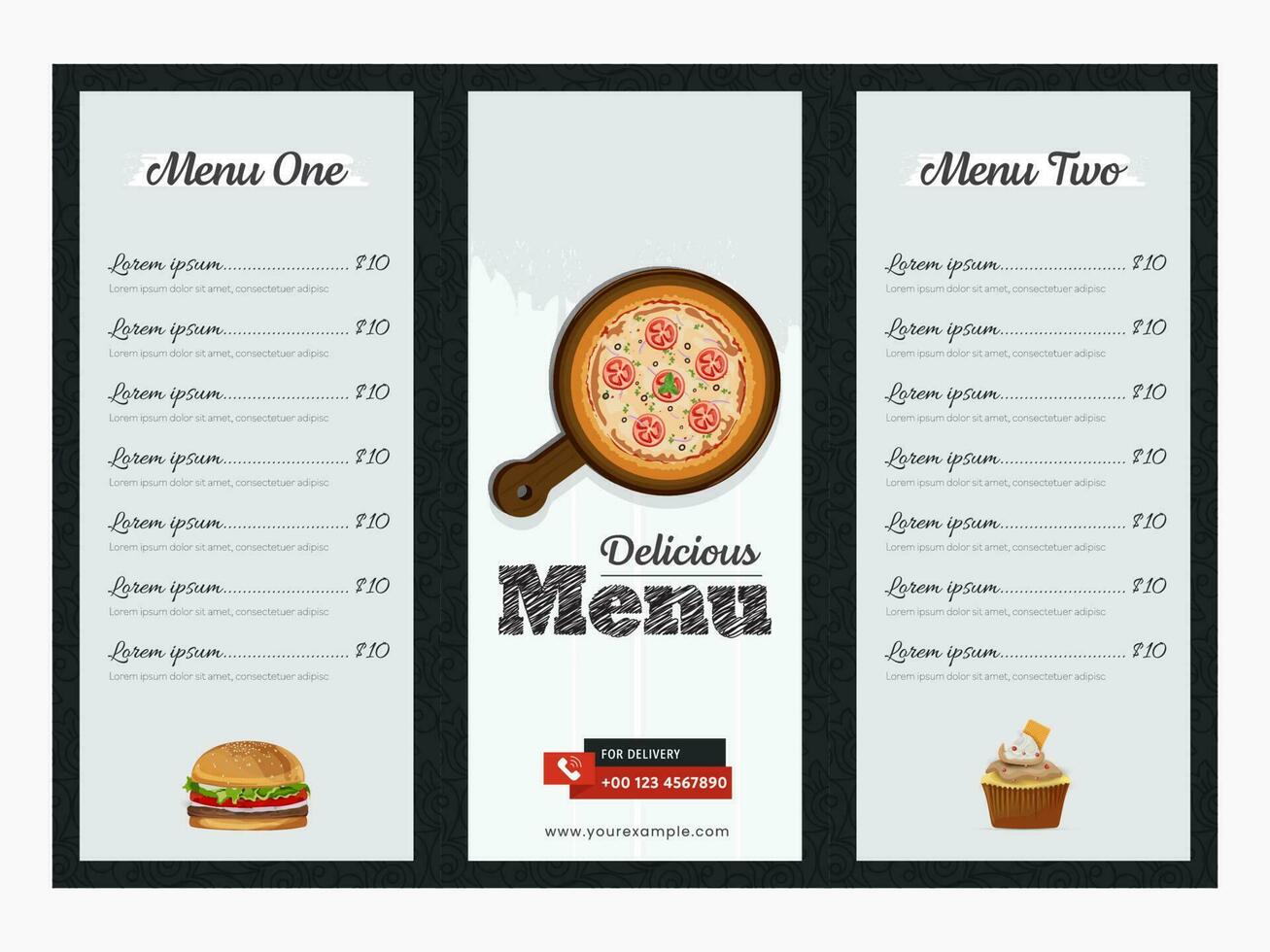 heerlijk menu kaart sjabloon of drievoud brochure lay-out in grijs en zwart kleur. vector