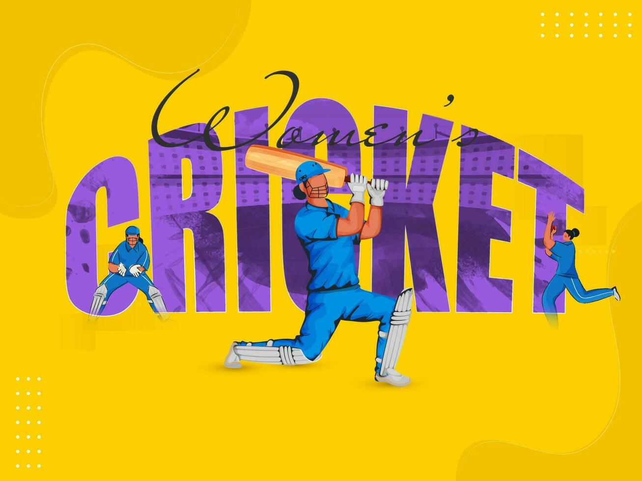 elegant vrouwen krekel doopvont met vrouw cricketspeler spelers in verschillend poses Aan chroom geel achtergrond. vector