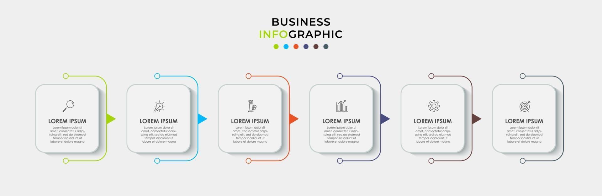 infographics ontwerp vector en marketing pictogrammen kunnen worden gebruikt voor werkstroom layout, diagram, jaarverslag, webdesign. bedrijfsconcept met 6 opties, stappen of processen.