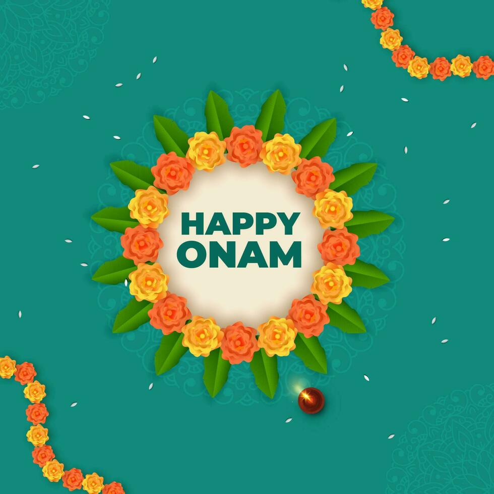 gelukkig onam doopvont over- circulaire kader gemaakt door goudsbloem bloemen, mango bladeren, lit olie lamp Aan taling groen mandala achtergrond. vector