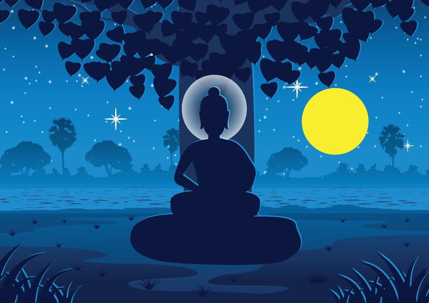 heer van boeddha wordt verlicht onder boom op volle maan 's nachts in de buurt van de rivier in india vector