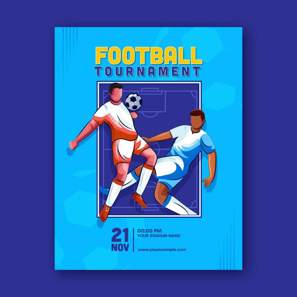 Amerikaans voetbal toernooi folder of sjabloon ontwerp met gezichtsloos voetbal spelers Aan blauw achtergrond. vector