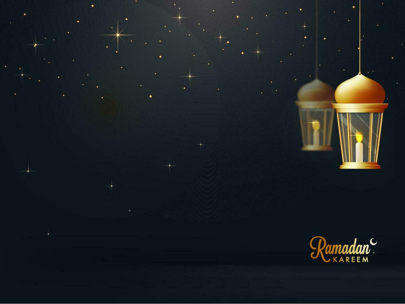 verlichte gouden lampen hangen en lichten effect Aan zwart achtergrond voor Islamitisch heilig maand, Ramadan kareem viering. vector