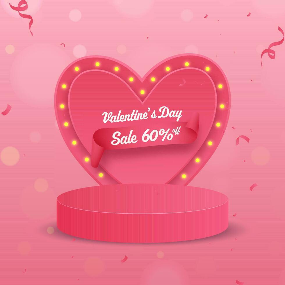 Valentijnsdag dag uitverkoop poster ontwerp met korting bieden, selectiekader hart kader en leeg podium Aan roze confetti bokeh vervagen achtergrond. vector