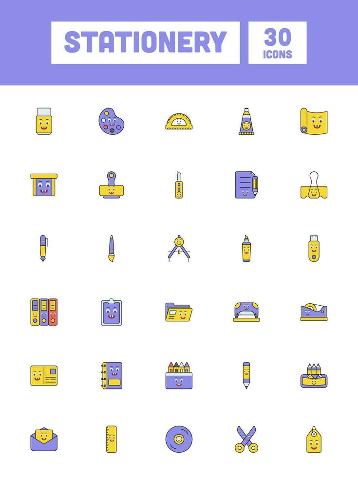 mascotte schrijfbehoeften items icoon reeks in Purper en geel kleur. vector
