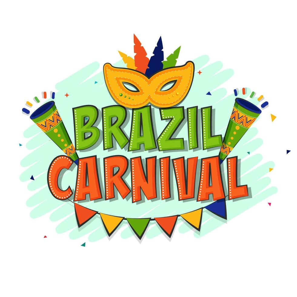 Brazilië carnaval doopvont met veer masker, vuvuzela, vlaggedoek vlaggen Aan turkoois kattebelletje smeren Aan wit achtergrond. vector