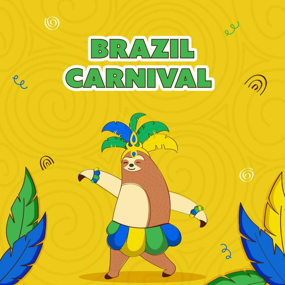 sticker stijl Brazilië carnaval tekst met tekenfilm luiaard beer dier en veren Aan geel kolken patroon achtergrond. vector