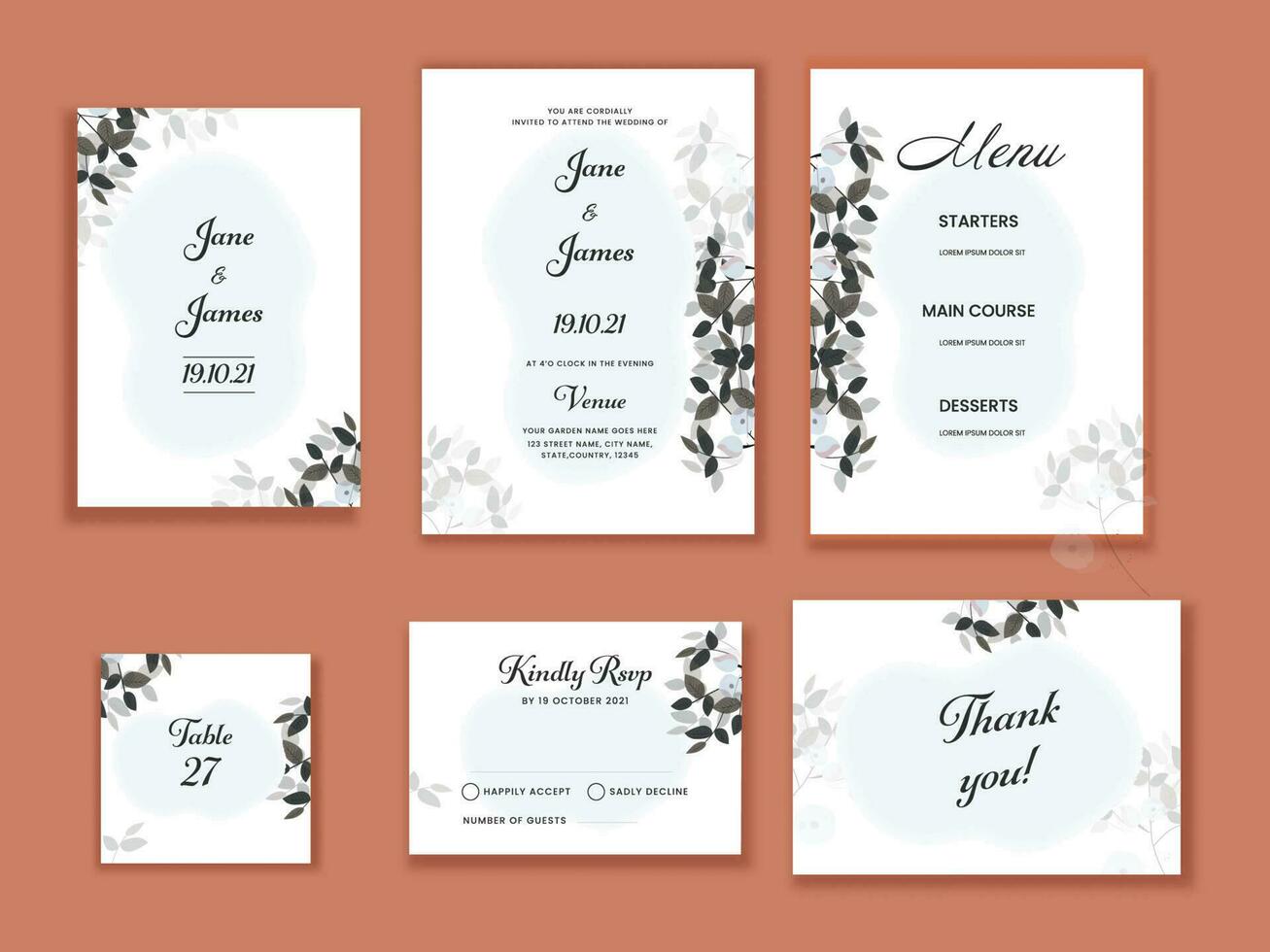 bruiloft uitnodiging suite sjabloon lay-out versierd met bladeren Aan bruin achtergrond. vector