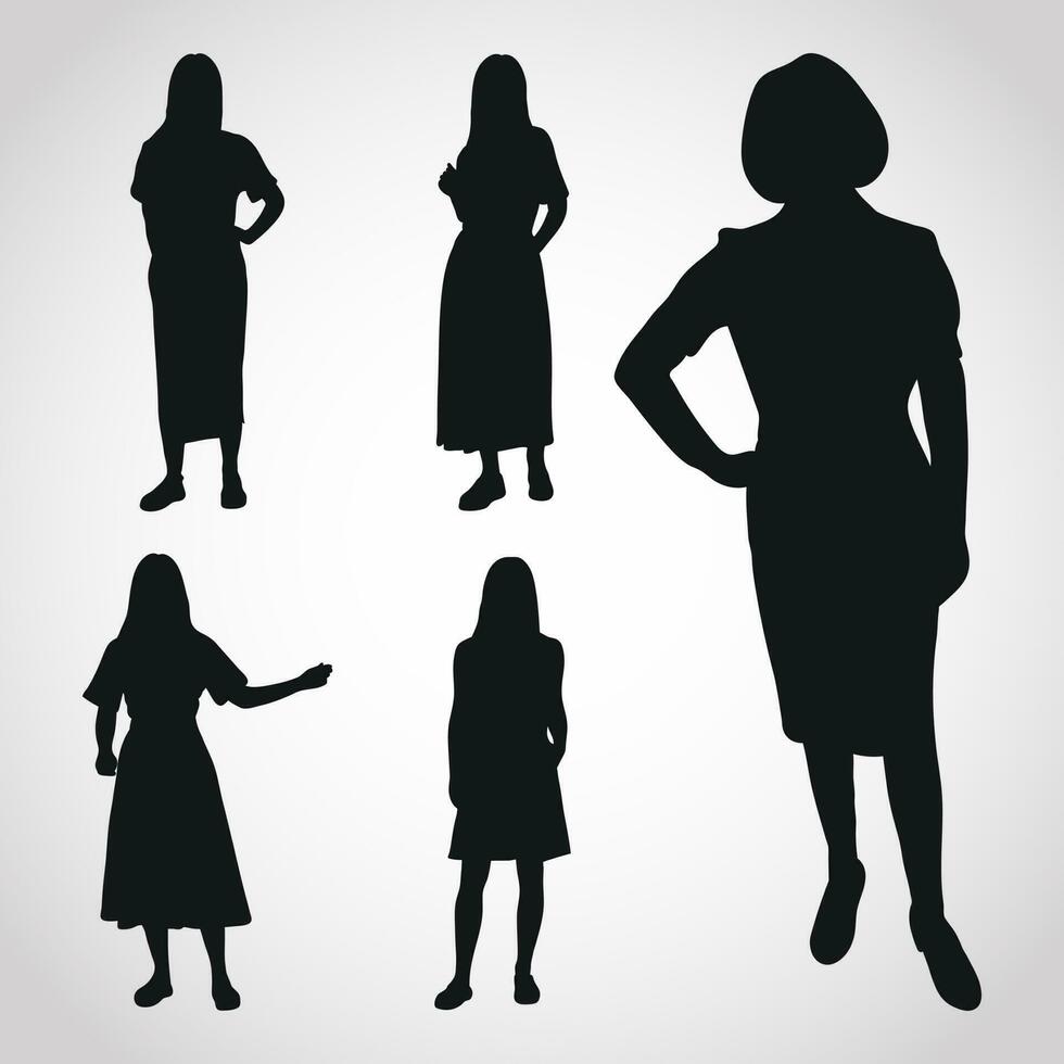 vector silhouet van een bedrijf vrouw staan, mode meisje silhouet in een elegant jurk. bedrijf vrouw, ondernemer, leidinggevend, fashionista