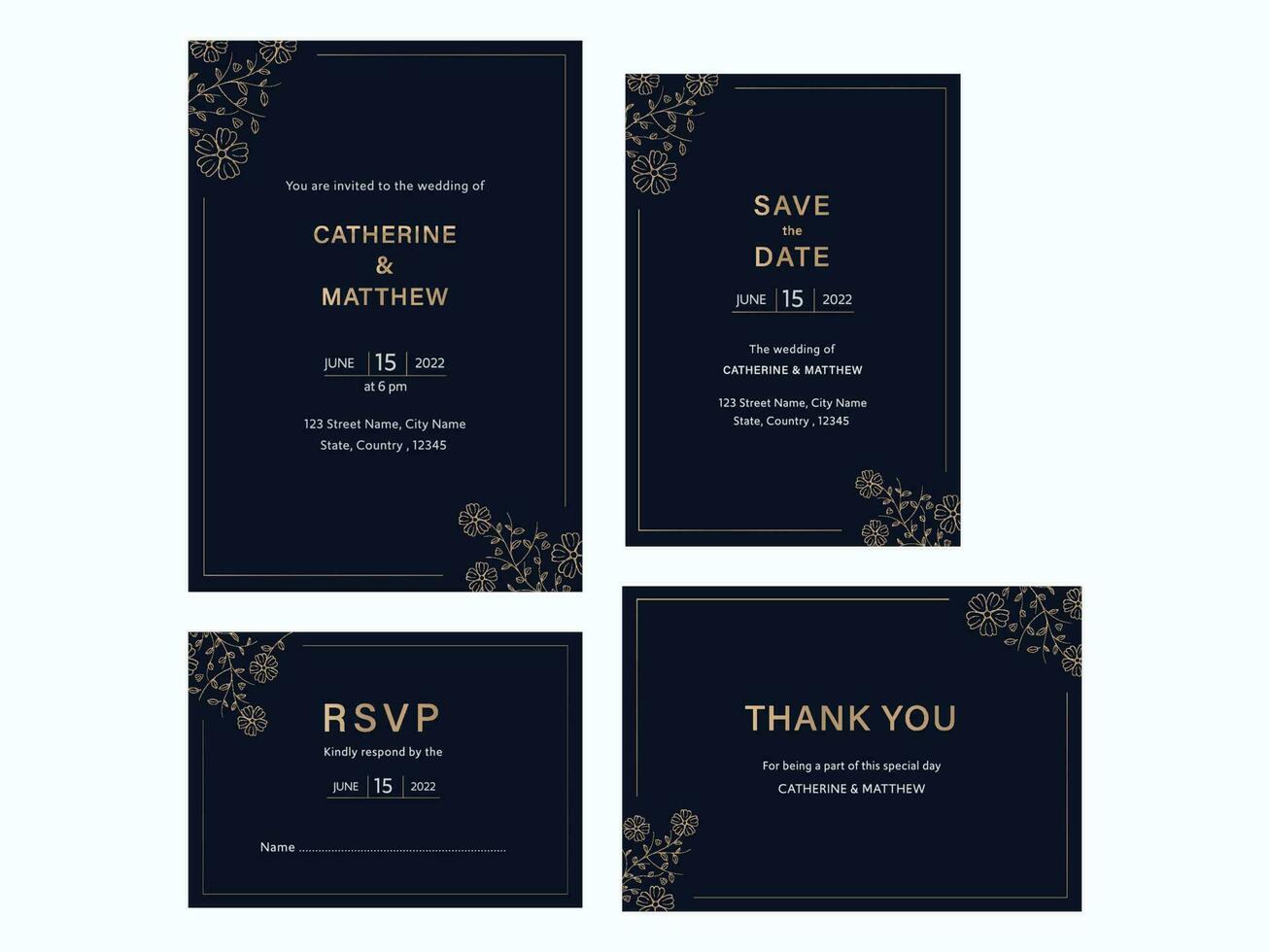 bruiloft uitnodiging suite met vier opties in marine blauw kleur. vector