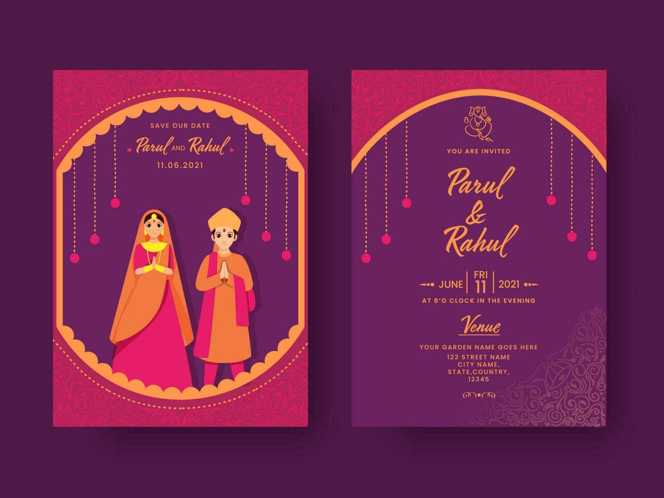 bruiloft uitnodiging kaart ontwerp met Indisch paar karakter in roze en Purper kleur. vector