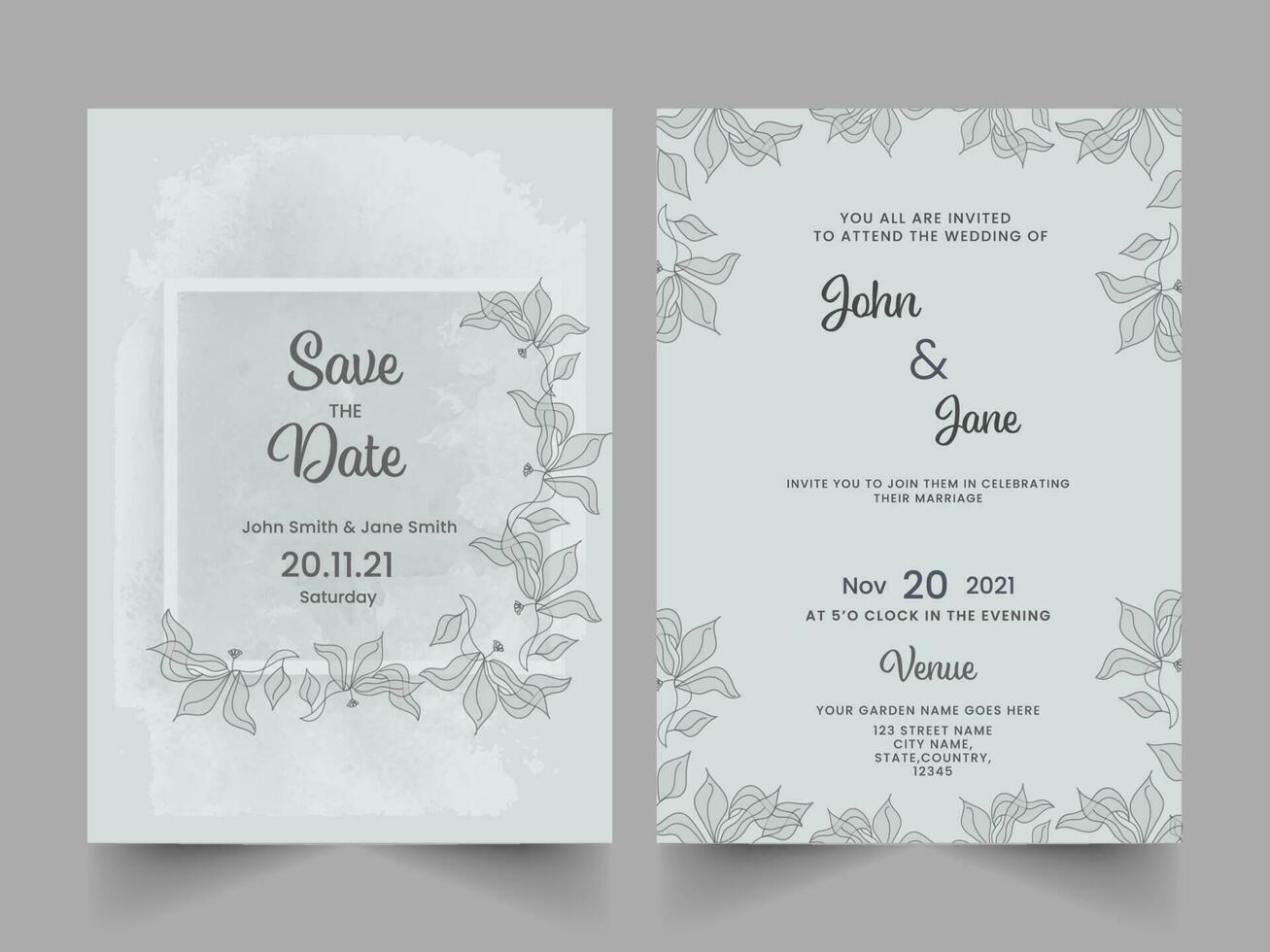 elegant bruiloft uitnodiging kaart met opslaan de datum sjabloon lay-out in grijs kleur. vector