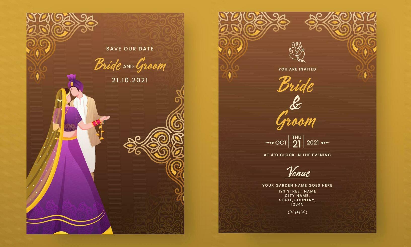 Indisch bruiloft uitnodiging sjabloon lay-out in voorkant en terug visie. vector