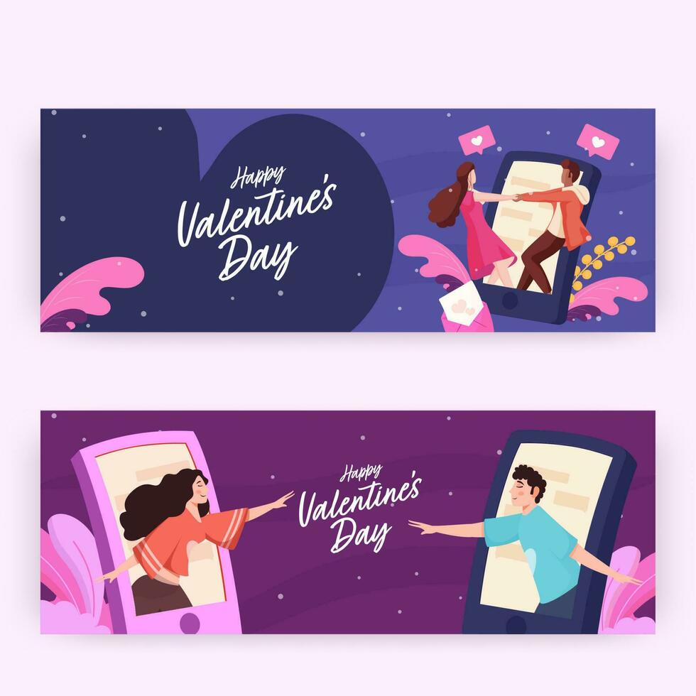 gelukkig Valentijnsdag dag hoofd of banier ontwerp met romantisch paar in twee kleur opties. vector