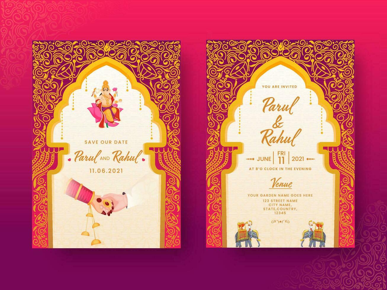 Indië bruiloft uitnodiging kaart met paar handen en evenementenlocatie details in voorkant en terug visie. vector
