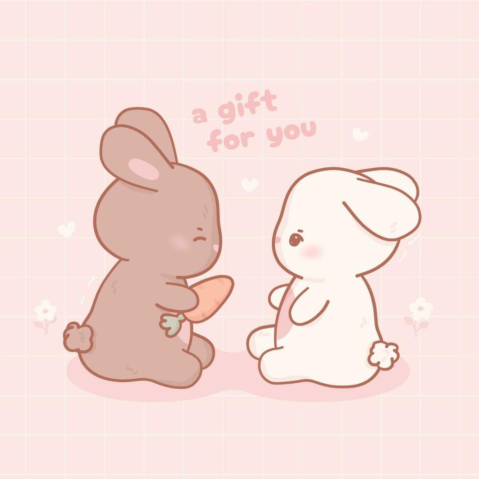 paar van schattig konijn in kawaii tekenfilm stijl en pastel kleuren. konijn geven geschenk. ansichtkaart voor Valentijnsdag dag, bruiloft, verjaardag, sociaal media, afdrukken en web plaats vector