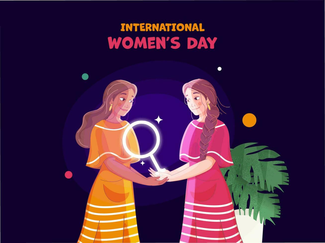 Internationale vrouwen dag concept met jong meisjes Holding vrouwelijk symbool. vrouwen dag groet kaart. vector