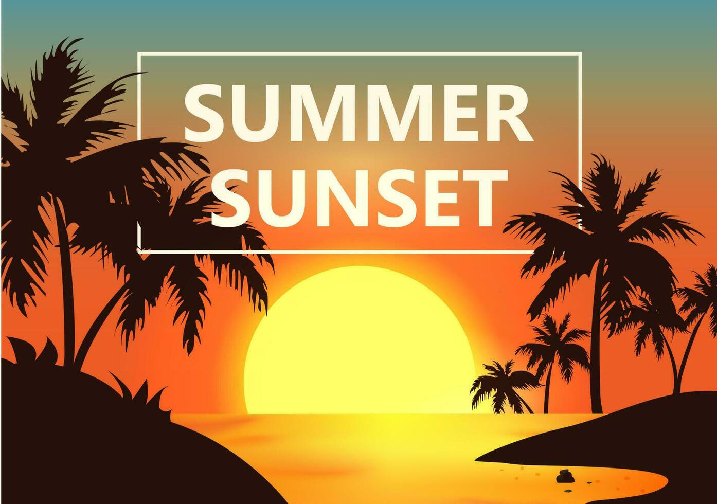 zomer achtergrond. zomer zonsondergang tegen de backdrop van palm bomen. zonsondergang over- de zee. belettering zomer zonsondergang tegen de achtergrond van de avond hemel.vector vector