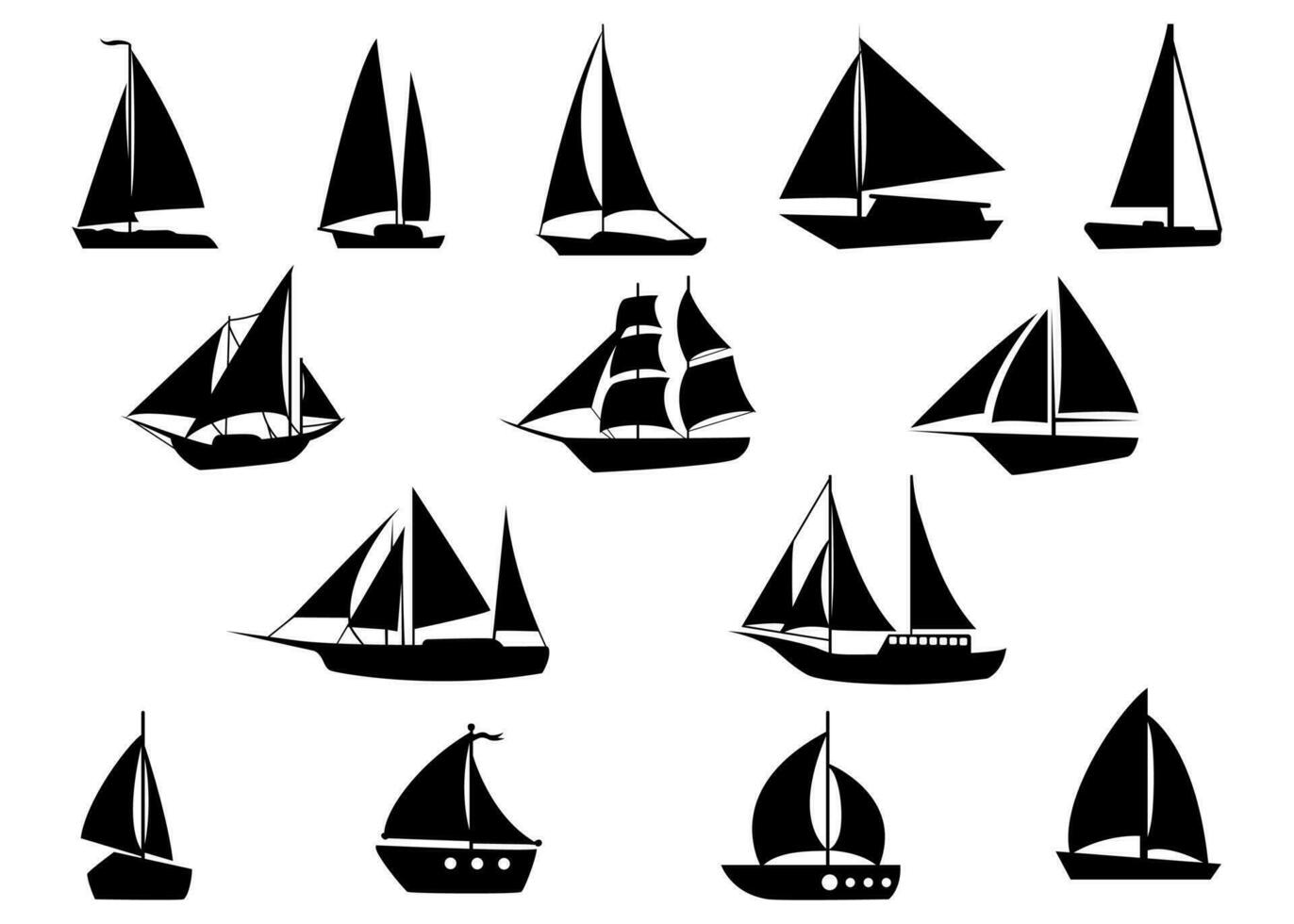 boot en schip verzameling reeks silhouetten hand- getrokken vector illustratie marinier zeilen