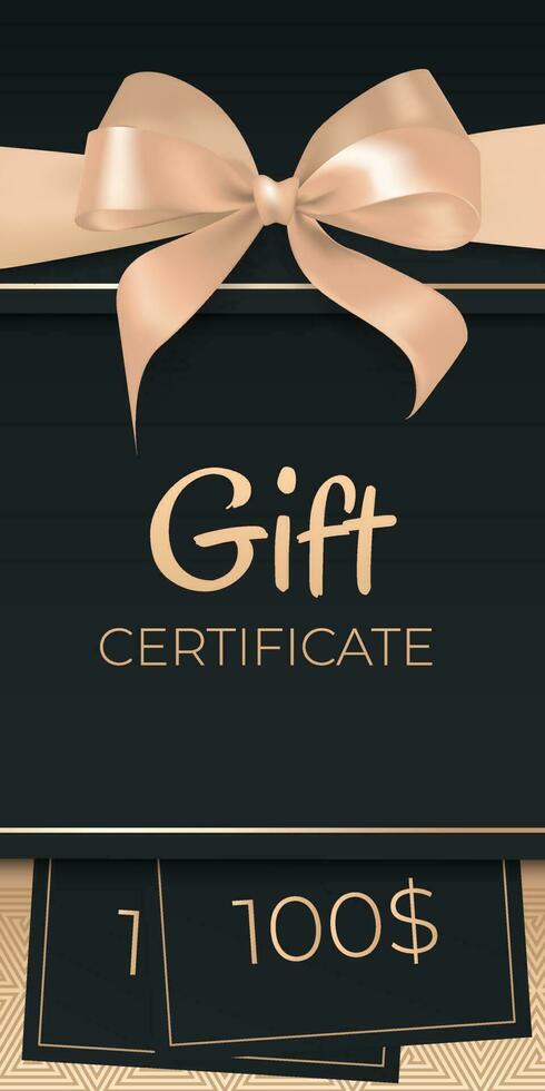 zwart geschenk kaart of certificaat sjabloon met elegant gouden boog en satijn lint grens. luxe ontwerp element voor bedrijf, verkoop, en promoties. perfect voor verjaardagen, 100 dollars ticket coupon vector