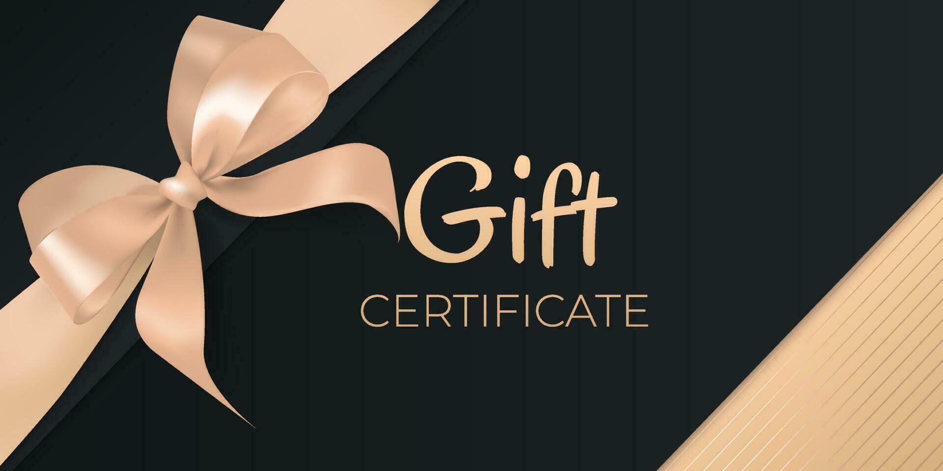 gouden geschenk certificaat sjabloon met lint boog, elegant ontwerp voor verjaardag, verjaardag, bruiloft, bedrijf, en meer - vector illustratie. luxe zwart en goud geschenk kaart, premie banier