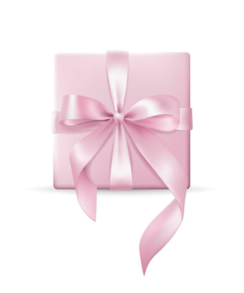3d vector illustratie van een pastel roze geschenk doos met een boog Aan een wit achtergrond voor jubilea, verjaardagen. de doos zijn versierd met glimmend linten en verpakt in papier.