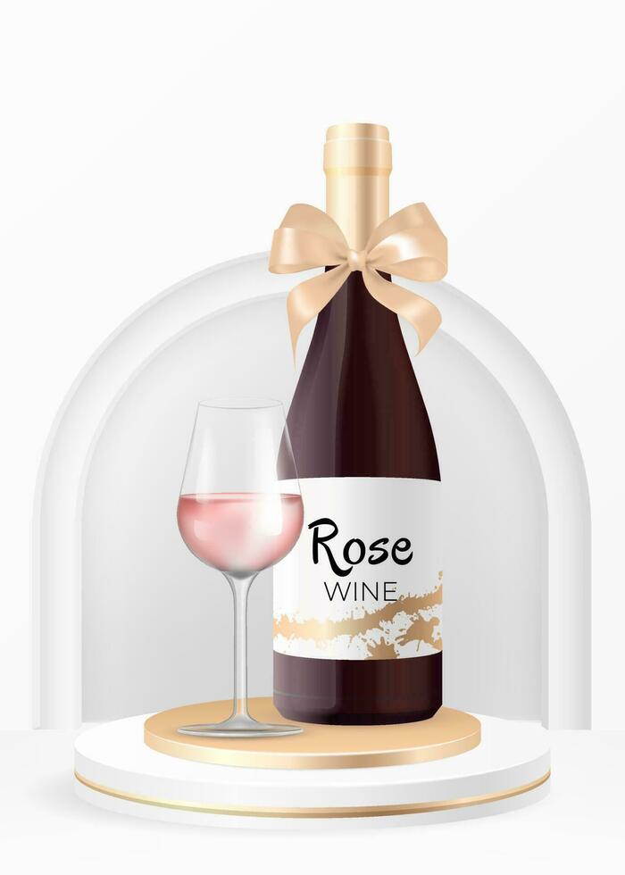 realistisch wijn fles Aan voetstuk mockup vector illustratie voor reclame en Promotie. perfect voor wijn proeven, evenementen, restaurants en bars. podium toonzaal voor Product plaatsing. roos wijn