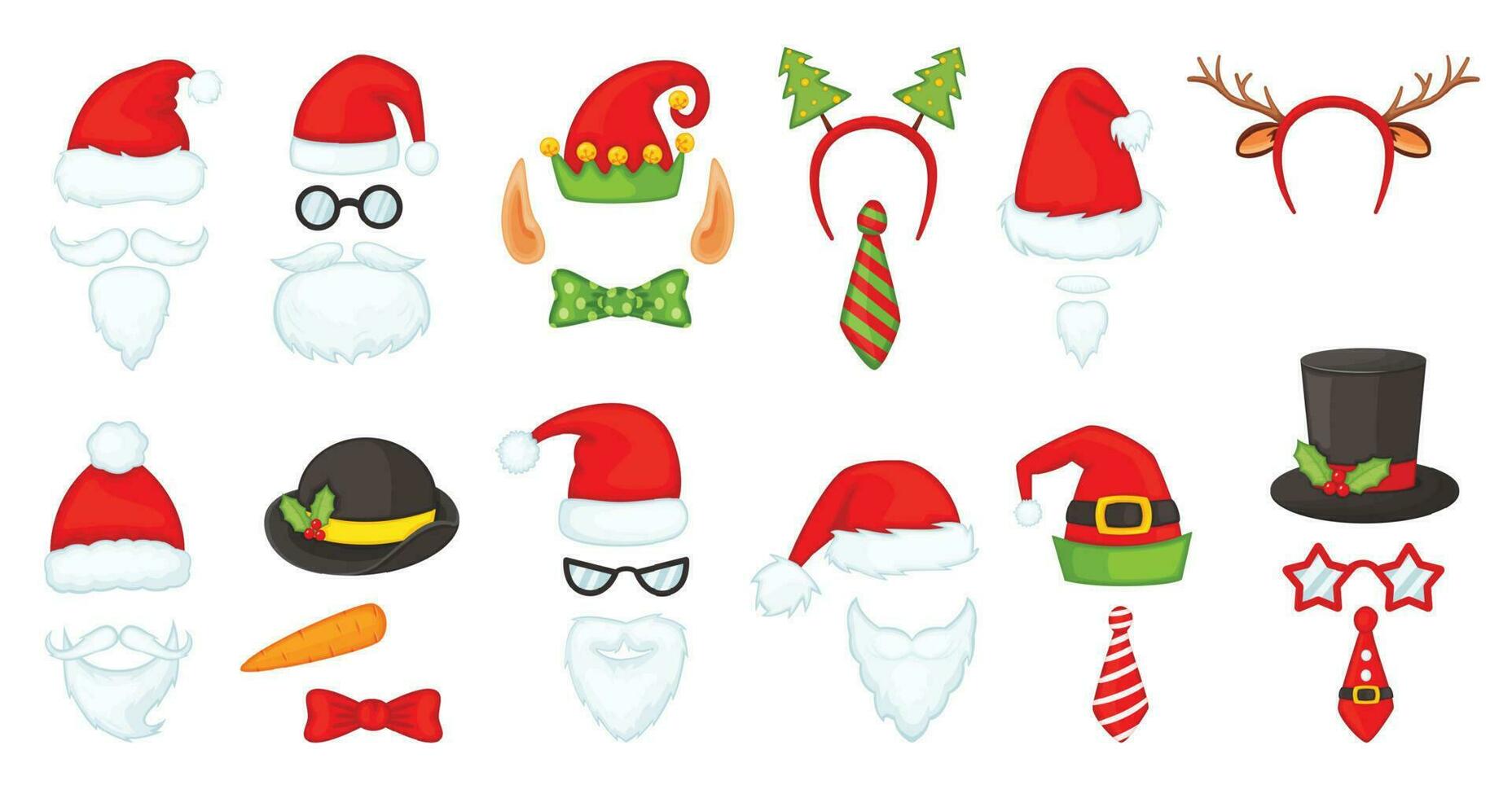 tekenfilm Kerstmis hoeden en accessoires, foto stand rekwisieten. de kerstman hoed en baard, rendier gewei, rood neus, elf pet, Kerstmis partij masker vector reeks