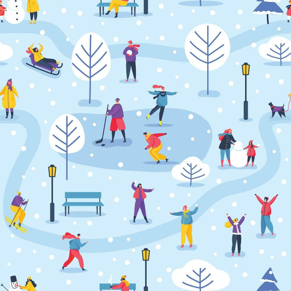 winter vakantie activiteiten naadloos patroon, stad park in wintertijd. gelukkig mensen skiën, ijs het schaatsen, wandelen buitenshuis vector achtergrond