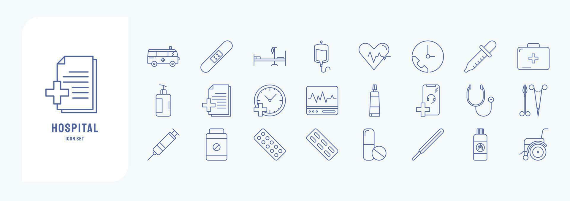 ziekenhuis en medisch, inclusief pictogrammen Leuk vinden ambulance, bed, bloed, eerste steun uitrusting en meer vector